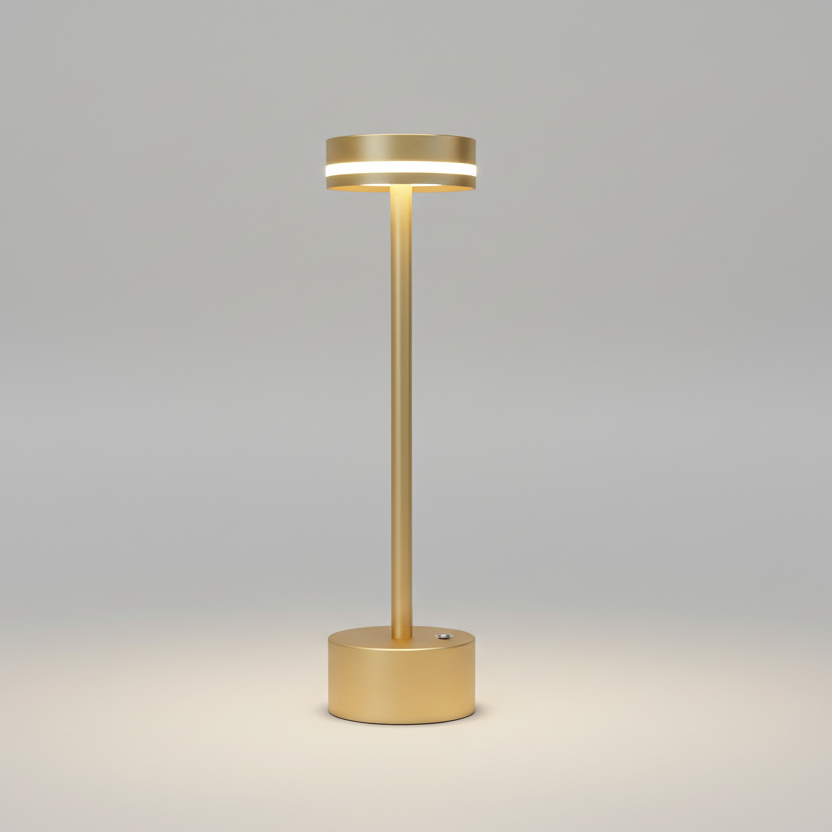 Lampe de table LED sans fil et rechargeable en métal doré, design fin et minimaliste avec anneau lumineux, idéale pour éclairage de restaurant ou bureau moderne.