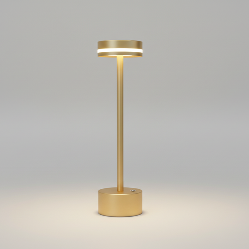 Lampe de table LED sans fil et rechargeable en métal doré, design fin et minimaliste avec anneau lumineux, idéale pour éclairage de restaurant ou bureau moderne.