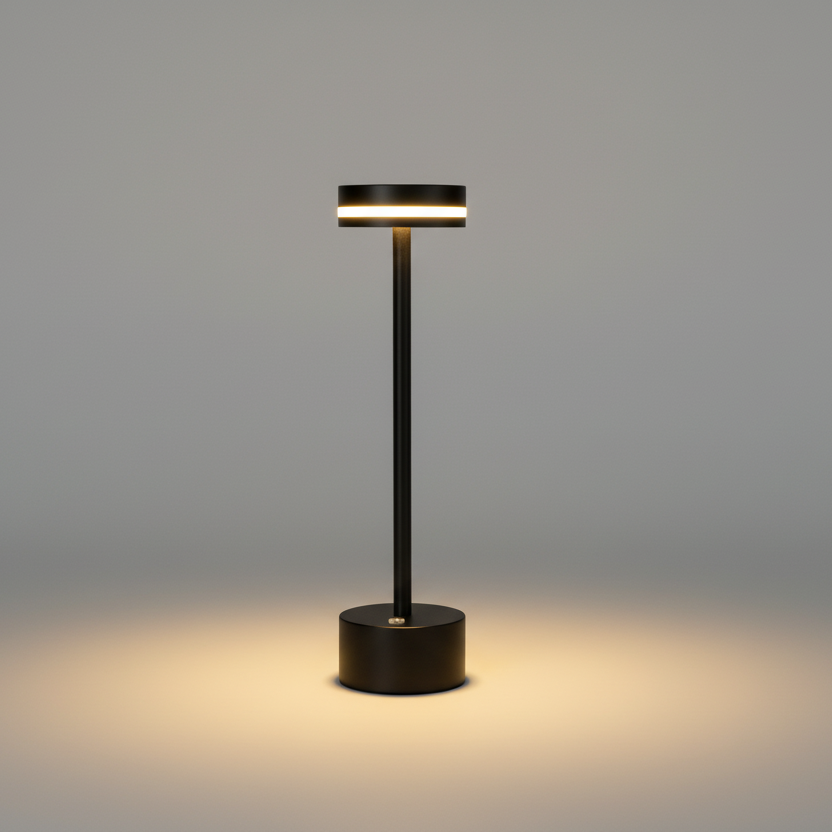 Lampe de table LED sans fil et rechargeable en métal noir, design fin et minimaliste avec anneau lumineux, idéale pour éclairage de restaurant ou bureau moderne.