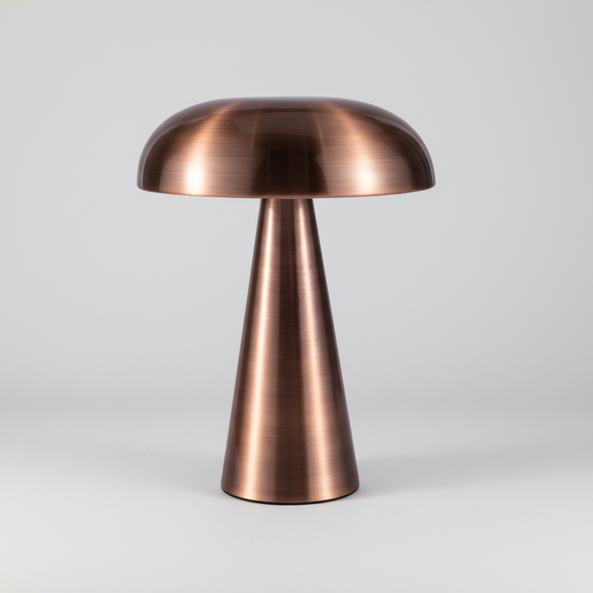 Lampe à poser design en métal bronze brossé avec un large abat-jour en dôme et un pied conique épuré, luminaire de table LED moderne pour décoration d'intérieur contemporaine.