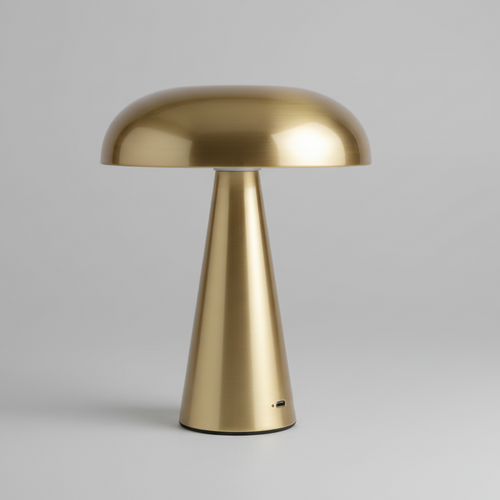 Lampe à poser design en métal doré brossé avec un large abat-jour en dôme et un pied conique épuré, luminaire de table LED moderne pour décoration d'intérieur contemporaine.