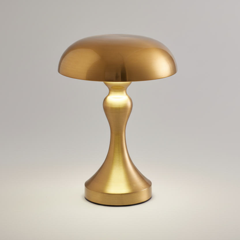 Lampe à poser design en métal doré brossé de style champignon avec pied incurvé, luminaire décoratif moderne pour salon ou table de chevet.