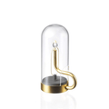 Lampe à poser artistique sous cloche en verre transparent, avec structure interne courbée en laiton doré et ampoule LED filament, luminaire design d'exception pour décoration moderne et raffinée.