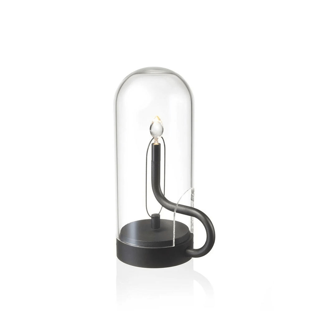 Lampe à poser artistique sous cloche en verre transparent, avec structure interne courbée en laiton noir et ampoule LED filament, luminaire design d'exception pour décoration moderne et raffinée.