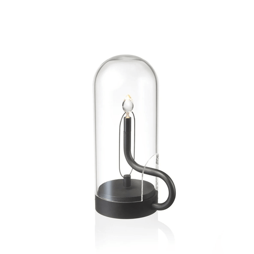 Lampe à poser artistique sous cloche en verre transparent, avec structure interne courbée en laiton noir et ampoule LED filament, luminaire design d'exception pour décoration moderne et raffinée.