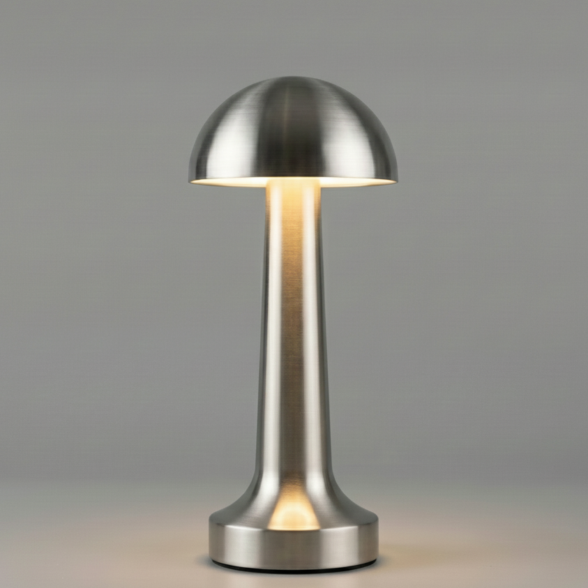 Lampe à poser sans fil en métal argenté brossé avec petit abat-jour coupole et pied haut évasé, luminaire LED rechargeable au design moderne et épuré.