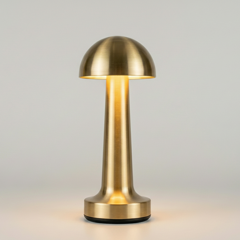 Lampe à poser sans fil en métal doré brossé avec petit abat-jour coupole et pied haut évasé, luminaire LED rechargeable au design moderne et épuré.