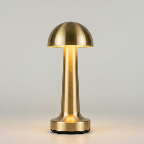 Lampe à poser sans fil en métal doré brossé avec petit abat-jour coupole et pied haut évasé, luminaire LED rechargeable au design moderne et épuré.