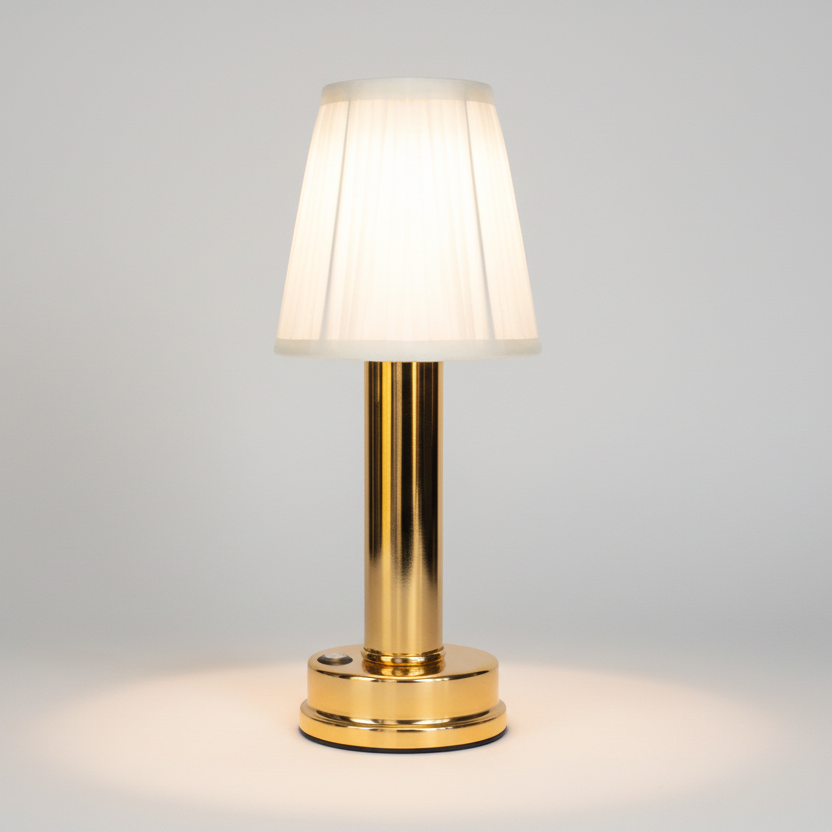 Lampe à poser rechargeable sans fil avec pied cylindrique en laiton doré brillant et abat-jour plissé blanc, luminaire LED d'appoint élégant pour restaurant ou table de nuit.