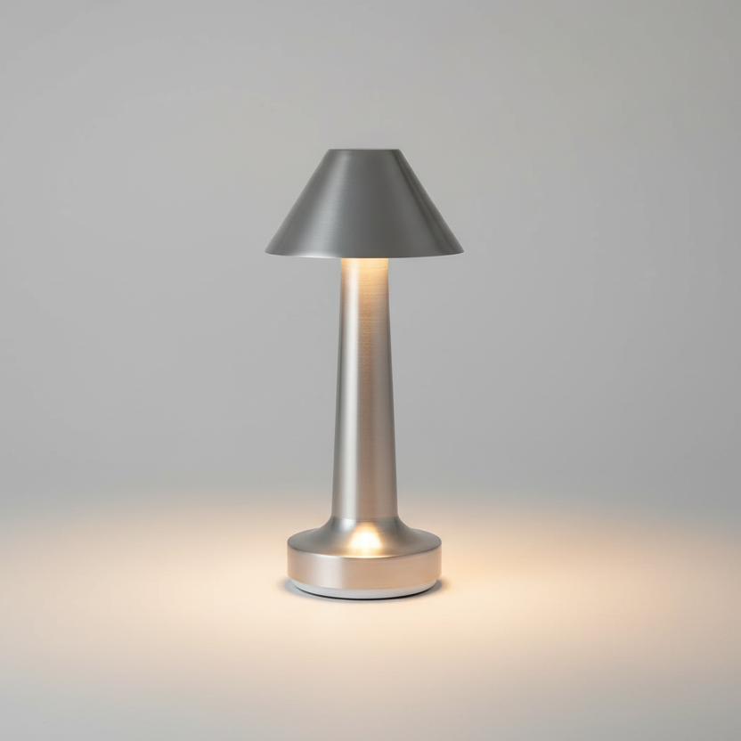 Lampe de table LED rechargeable sans fil en métal argent brossé, dotée d'un abat-jour conique et d'un pied cylindrique évasé, luminaire d'appoint design pour restaurant ou table de chevet.