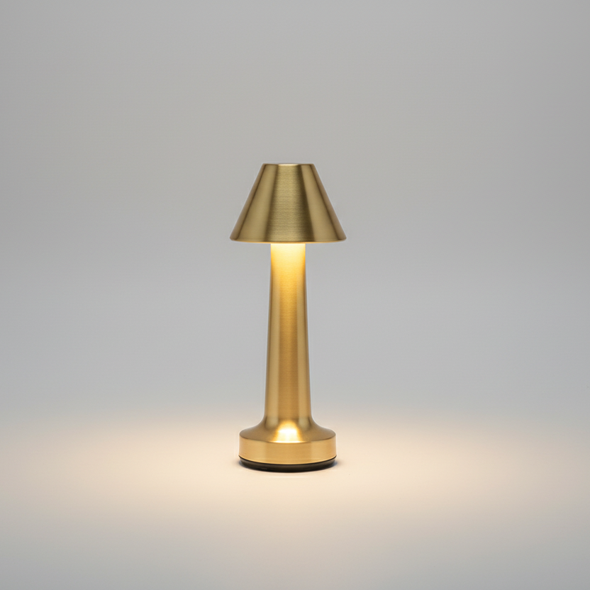 Lampe de table LED rechargeable sans fil en métal doré brossé, dotée d'un abat-jour conique et d'un pied cylindrique évasé, luminaire d'appoint design pour restaurant ou table de chevet.