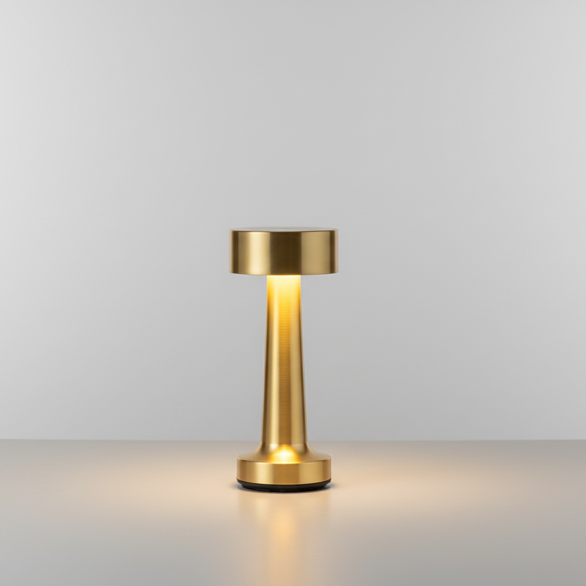 Lampe de table LED rechargeable sans fil en laiton doré brossé avec abat-jour cylindrique et pied évasé, luminaire d'appoint moderne pour restaurant, hôtel ou décoration de salon.