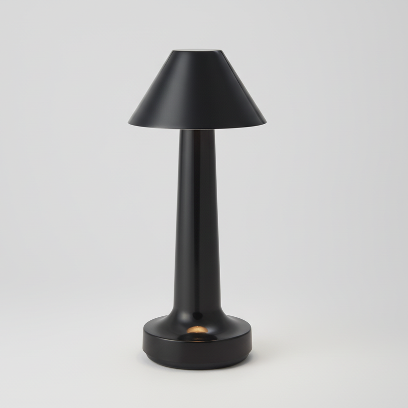 Lampe de table LED rechargeable sans fil en métal noir brossé, dotée d'un abat-jour conique et d'un pied cylindrique évasé, luminaire d'appoint design pour restaurant ou table de chevet.