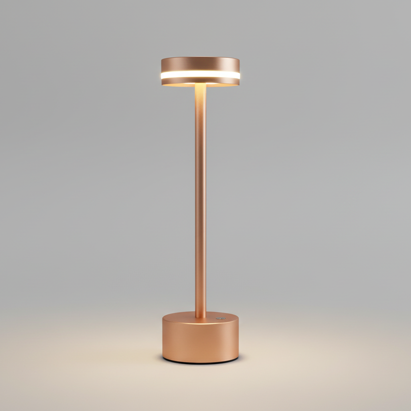 Lampe de table LED sans fil et rechargeable en métal rose gold, design fin et minimaliste avec anneau lumineux, idéale pour éclairage de restaurant ou bureau moderne.